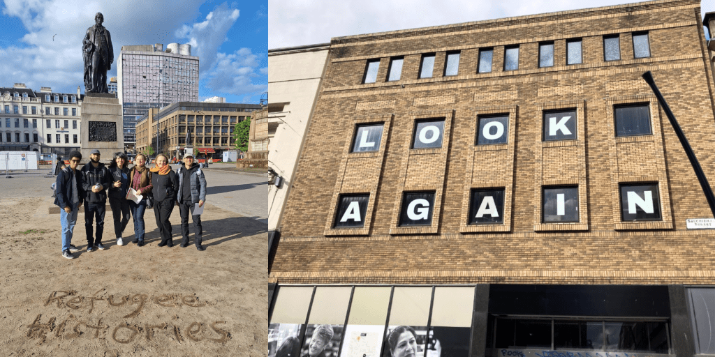 Photo of a group of people standing above letters in sand which read "refugee histories", beside this is a photo of a building which has had large letters added to each window which read "LOOK AGAIN" 