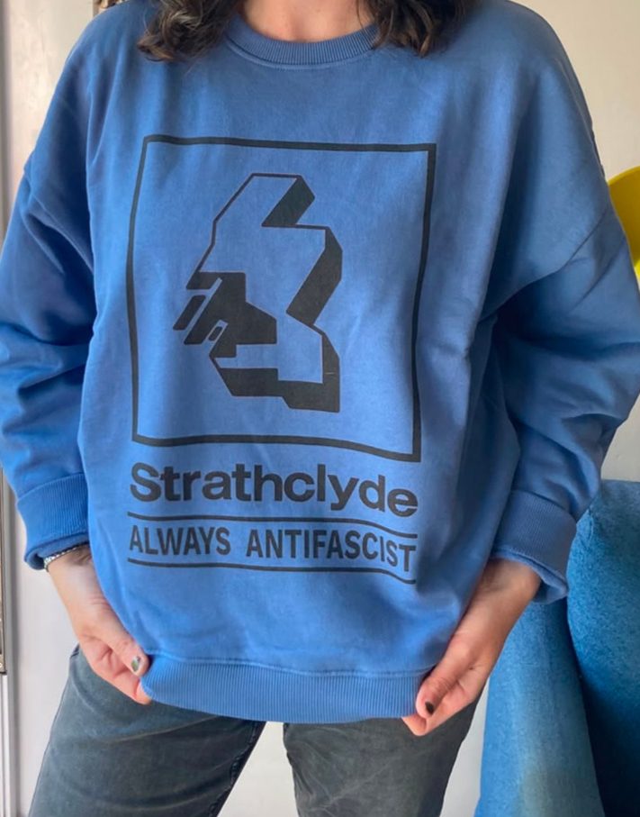 A blue Strathclyde always antifascist jumper 